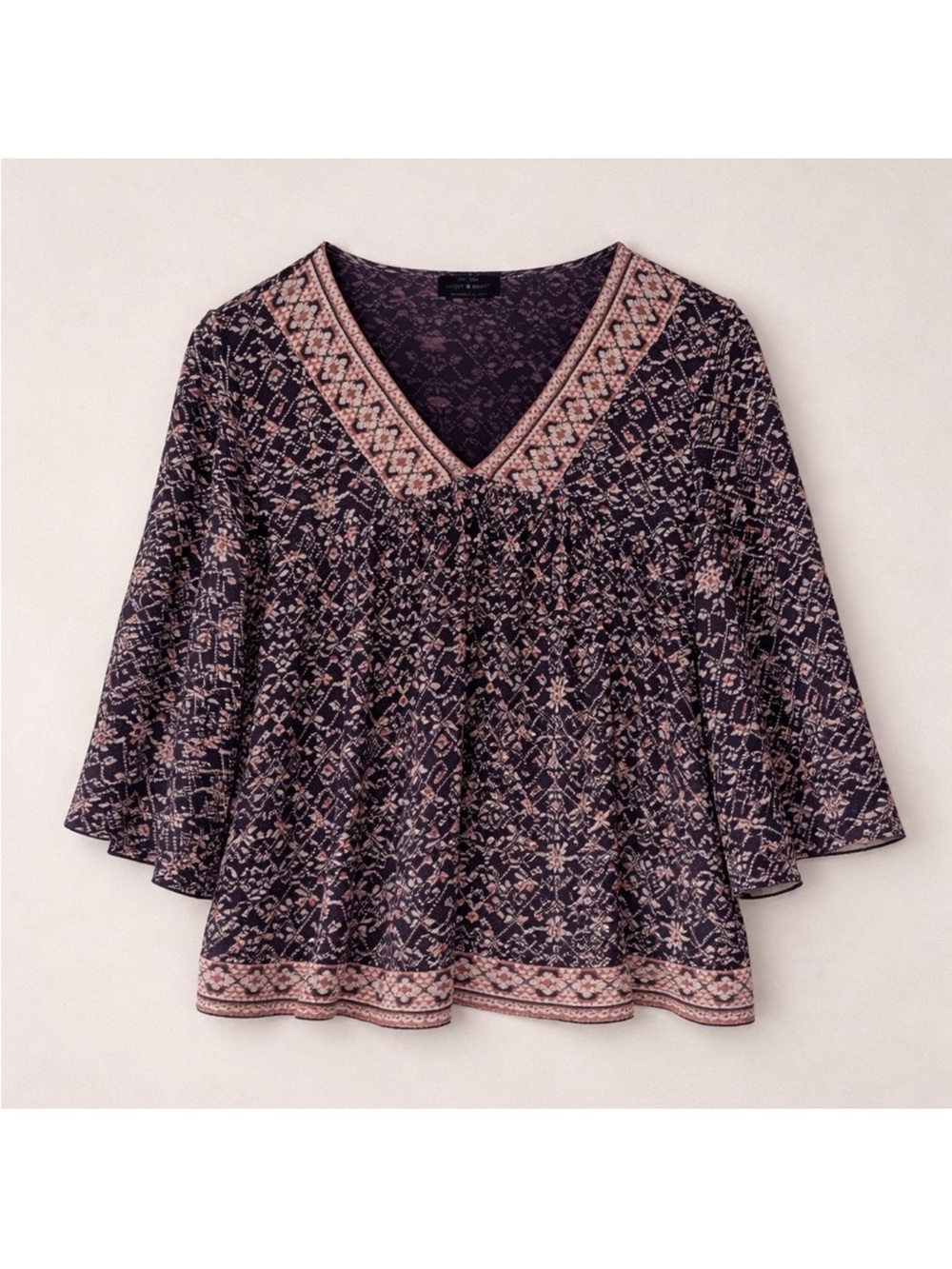 Lucky Brand Boho Print Peasant Top Navy Pink V Neck Flowy Blouse Large